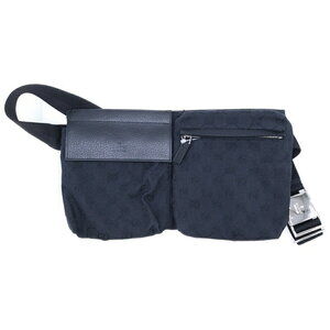 Gucci black GG canvas double pocket belt bag leather trim